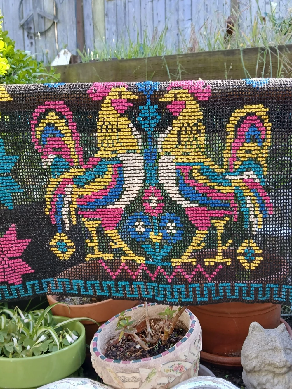 Vintage 1940s Textiles Roosters Hand Made WovenWall Hanging Table Top